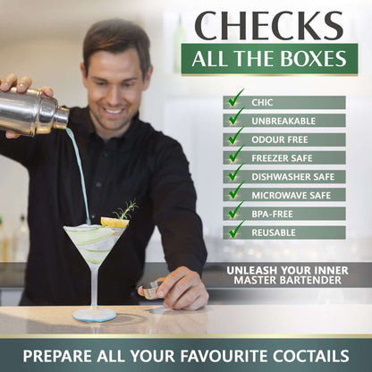A man pours a drink from a shaker into a Mamaco Home reusable cocktail glass. Featuring shatterproof polycarbonate material and chic design, this BPA-free glass is ideal for your favorite cocktails. Banner reads: Prepare all your favourite cocktails.