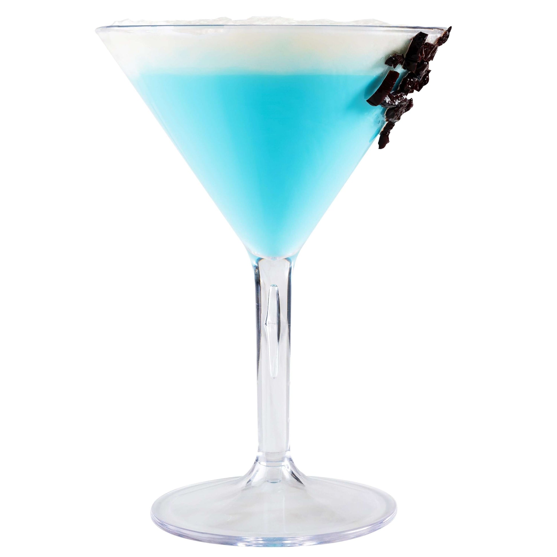 A vibrant blue cocktail brims in a Mamaco Home Large Martini Glass topped with creamy layers and chocolate shavings on the rim. This elegant drink stands against a plain white background, showcasing sophistication and the durability of these unbreakable, BPA-free polycarbonate glasses.