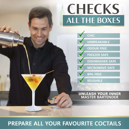 A man uses a cocktail shaker to pour a drink into a Mamaco Home Large Martini Glass, made from chic, unbreakable polycarbonate. This transparent, BPA-free tumbler is odor-free and safe for the freezer, dishwasher, and microwave—perfect for preparing all your favorite cocktails.