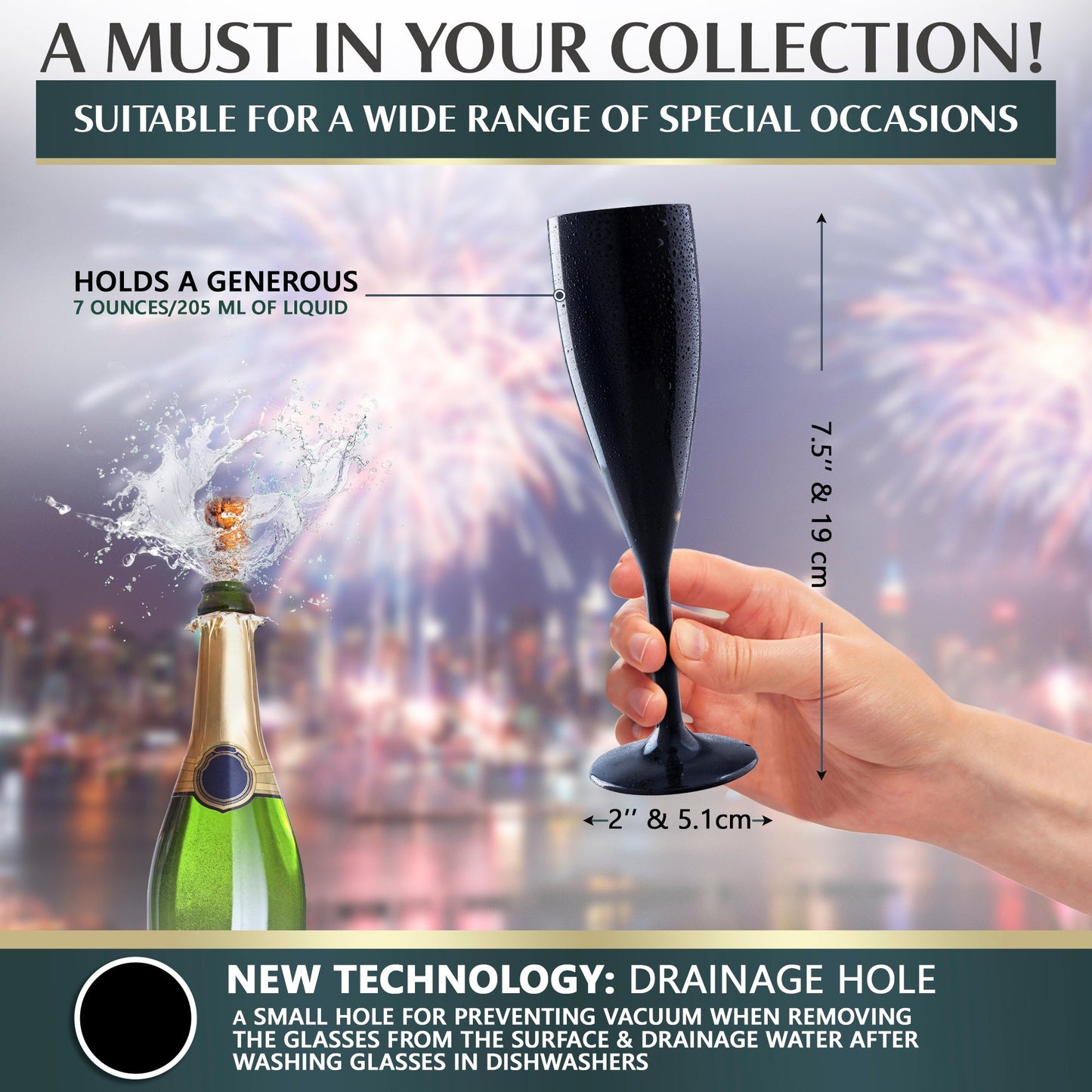 Plastic Champagne Glasses Unbreakable Champagne Flutes 7 oz Reusable Mimosa Glasses with Cocktail Clips Ultra-Elegant Black Design Ideal for Special Occasions, Picnic