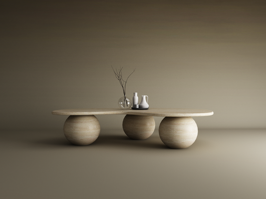 Wavy Travertine Coffee Table with Stone Ball Base – Organic Sculpture – Customizable