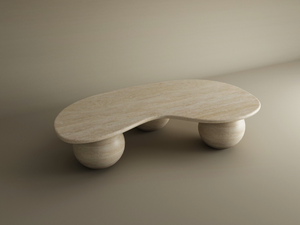 The TRAVERTABLE Wavy Travertine Coffee Table with Stone Ball Base features a customizable, beige, organic design with soft curves and rounded legs, giving this modern sculpture a minimalist appeal and enhanced texture.