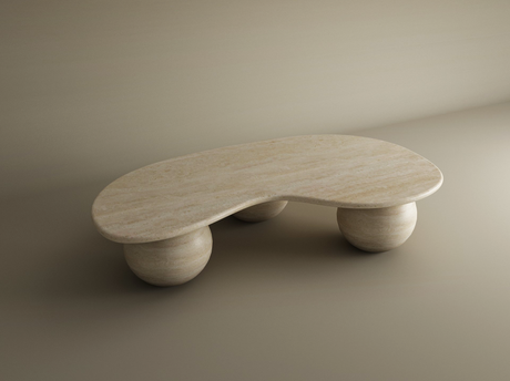 The TRAVERTABLE Wavy Travertine Coffee Table with Stone Ball Base features a customizable, beige, organic design with soft curves and rounded legs, giving this modern sculpture a minimalist appeal and enhanced texture.