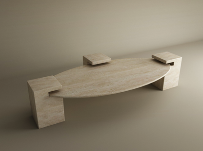 The TRAVERTABLE Ellipse Travertine Coffee Table with Square Base features a modern, minimalist design and timeless style, with an oval travertine top supported by three square legs—perfect against a light, neutral backdrop. Customizable for your space.