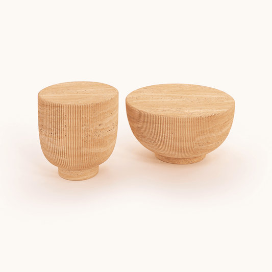 Classic Travertine Pedestal Coffee Tables with elevated stone design and solid base construction