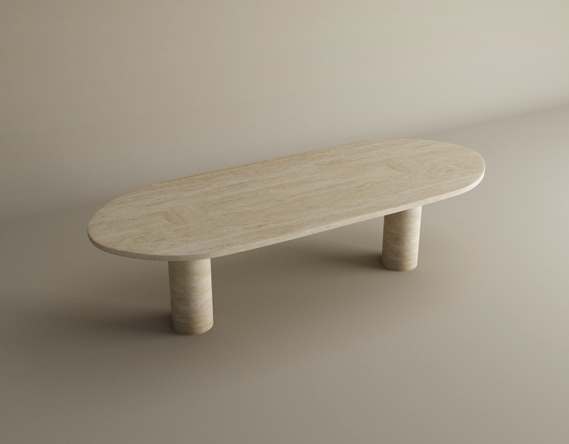 The TRAVERTABLE Oval Travertine Coffee Table features a light beige stone top with warm veining, smooth surface, and two solid cylindrical bases. This customizable coffee table combines minimalist design with natural stone beauty.
