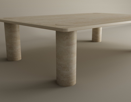 The TRAVERTABLE Rectangular Travertine Coffee Table features warm travertine stone, a marble-like light beige surface, and four solid cylindrical bases. Customizable to your style.