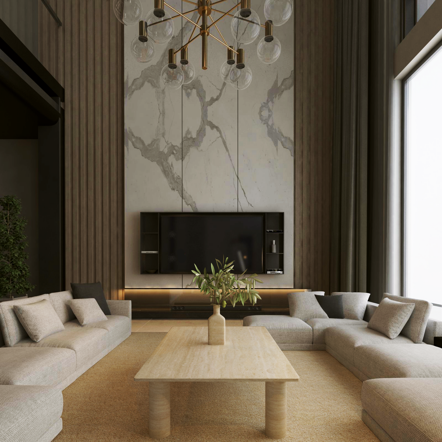 A modern living room with beige sofas around the TRAVERTABLE Rectangular Travertine Coffee Table with Solid Cylindrical Base, a tall marble accent wall, wall-mounted TV, minimal decor, and a large window filling the space with natural light.