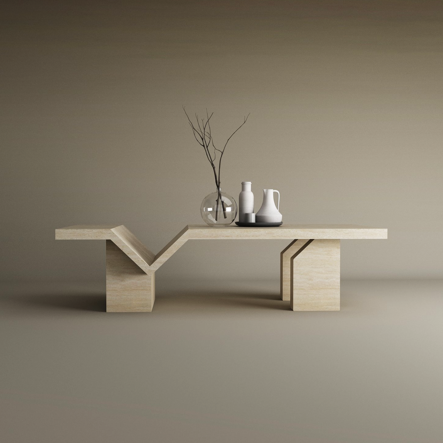 The TRAVERTABLE Architectural Travertine Coffee Table features a sculptural base and timeless natural stone. Displayed with three minimalist vases—two white, one clear glass with bare branches—its beige gradient background highlights its organic elegance.