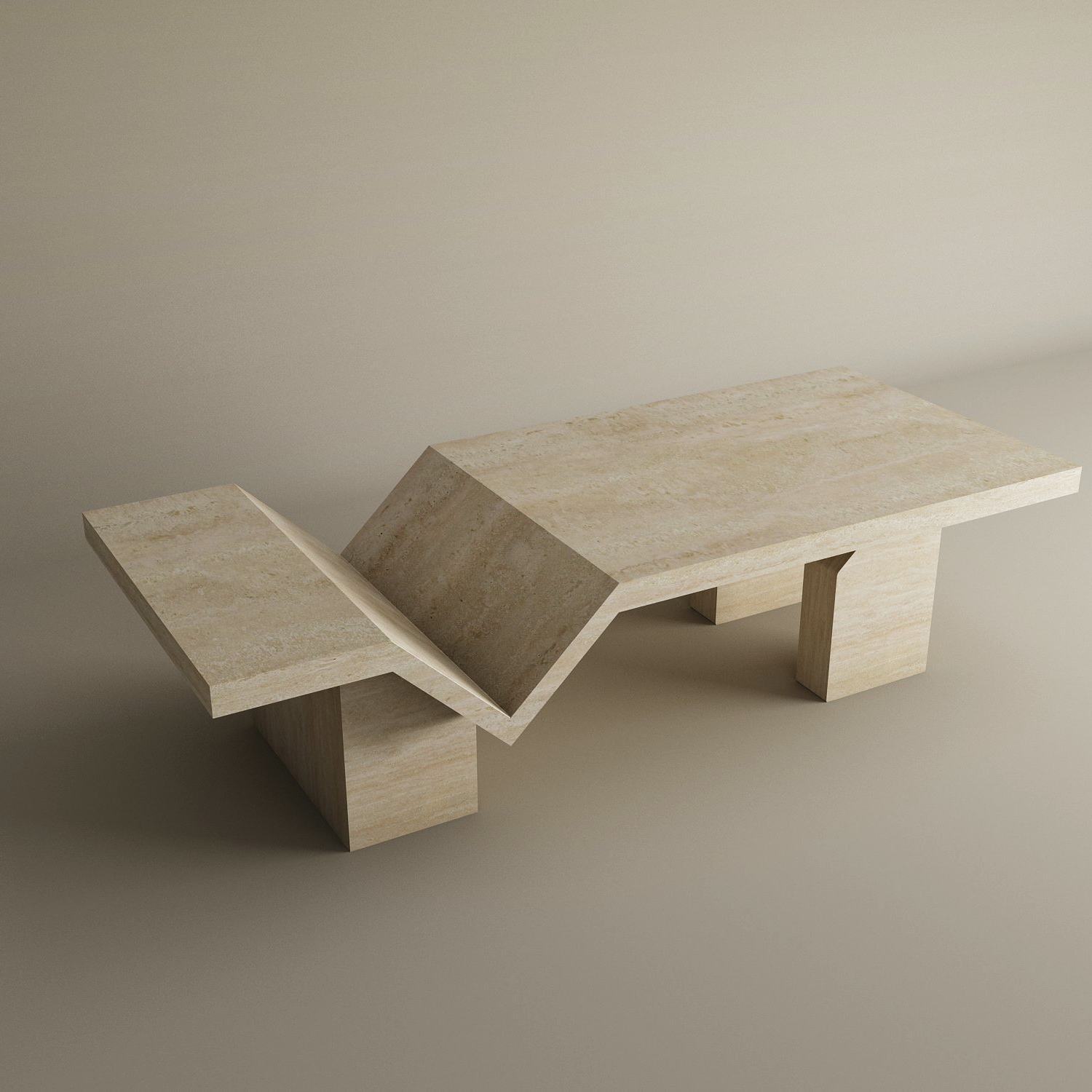 The TRAVERTABLE Architectural Travertine Coffee Table showcases timeless beige natural stone in a modern geometric design with sculptural, uneven surfaces and three blocky legs. Customizable for your space.