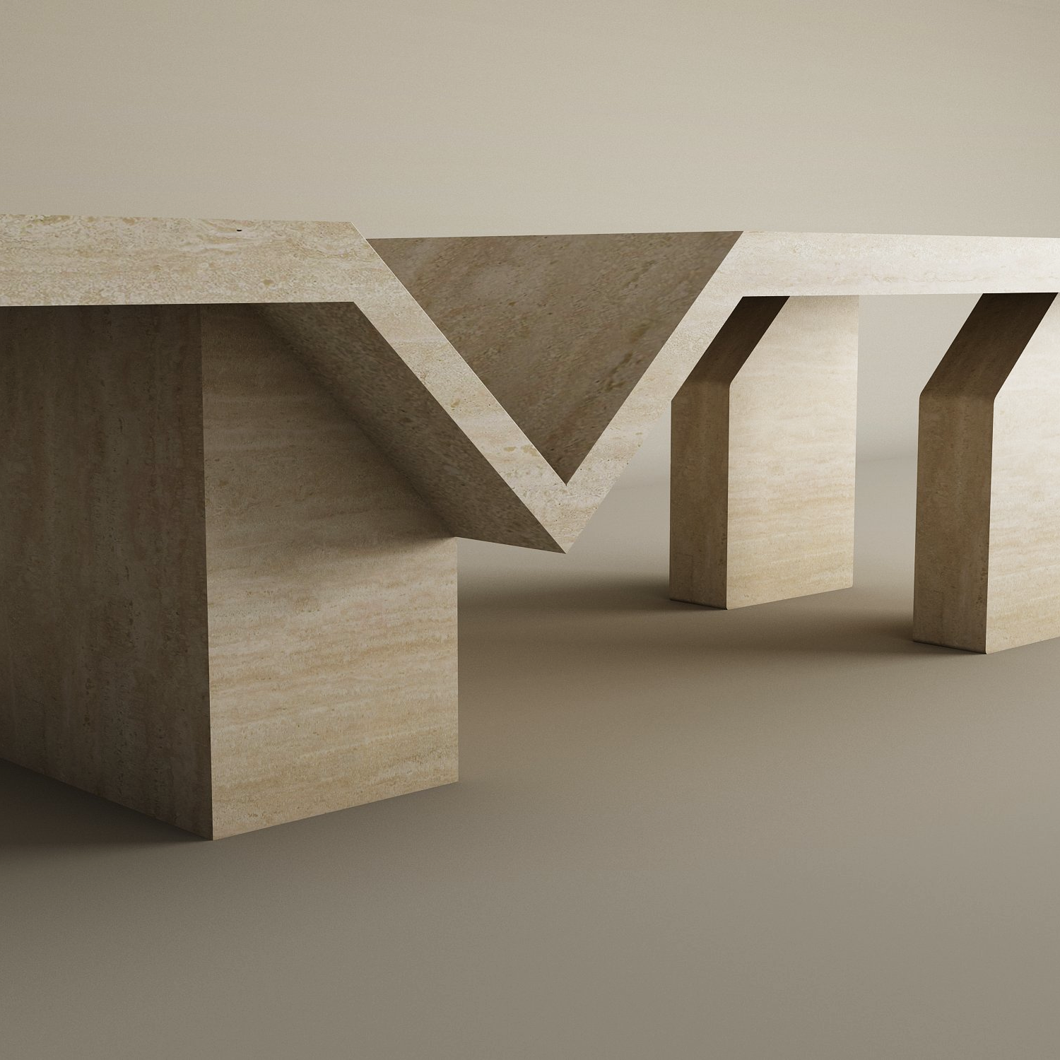 The Architectural Travertine Coffee Table by TRAVERTABLE features a sculptural four-leg base, a V-cutout geometric tabletop in smooth beige natural stone—timeless and customizable for any neutral space.