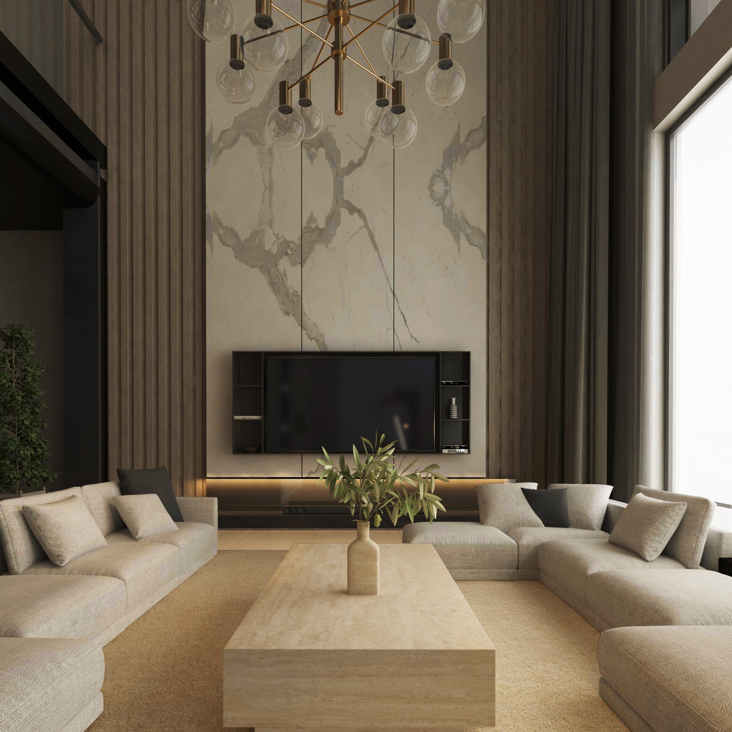 A modern living room features beige sectional sofas in a U-shape around the TRAVERTABLE Rectangular Travertine Coffee Table with Hidden Base. A vase with greenery decorates the table, while a large TV is mounted on a marble accent wall. Tall windows brighten the space.