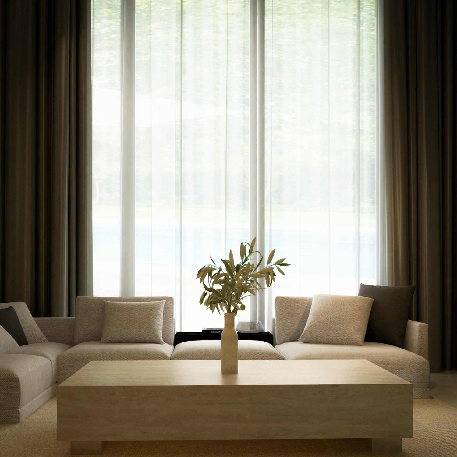 A modern living room with beige sofas, gray accent pillows, sheer curtains, and a TRAVERTABLE Rectangular Travertine Coffee Table with Hidden Base. A vase with green foliage adds to the minimal, calming decor as soft natural light fills the space.