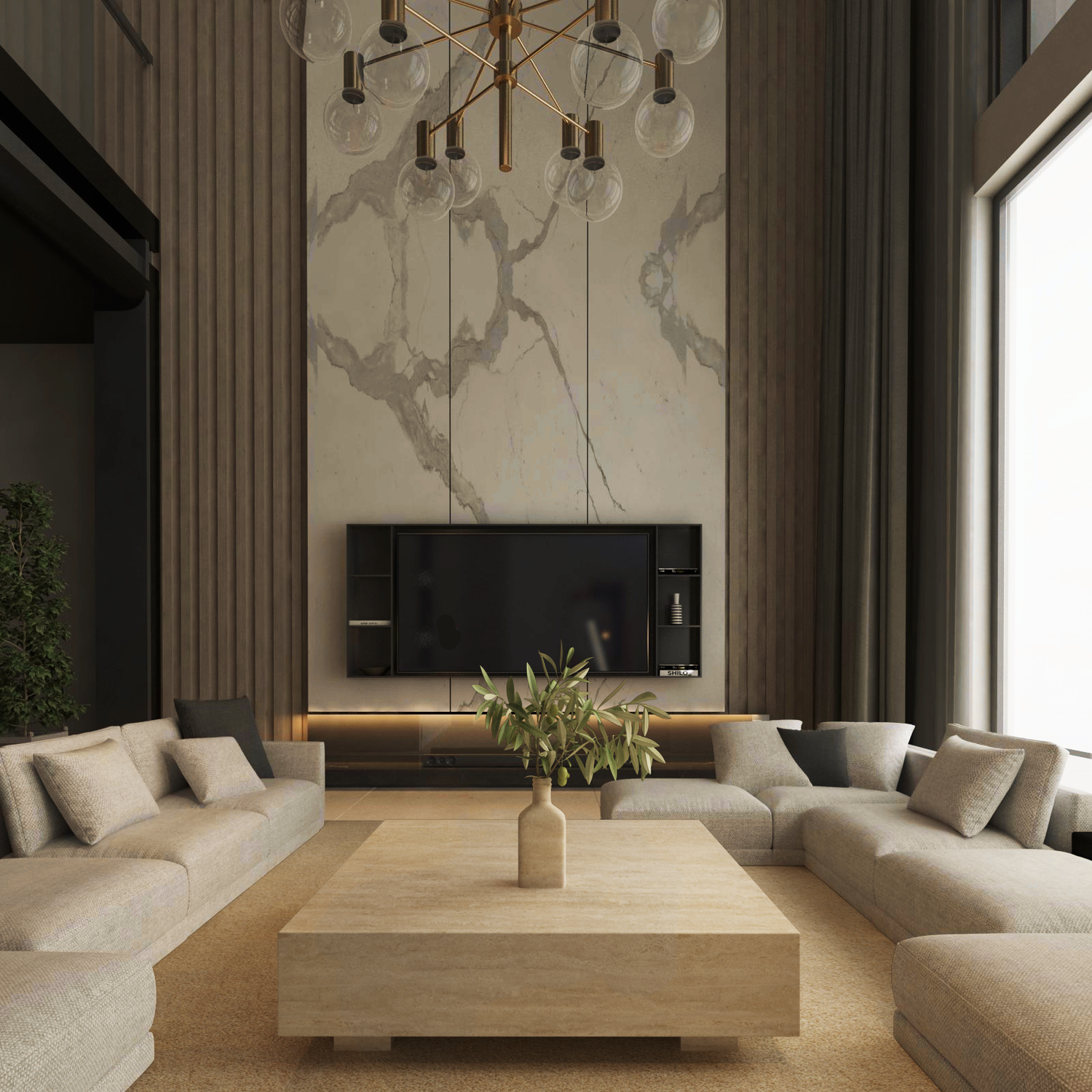 Modern living room with neutral tones, showcasing two large beige sectionals facing the TRAVERTABLE Square Travertine Coffee Table with Hidden Base. A wall-mounted TV sits above a floating console on a marble accent wall, brightened by tall windows.