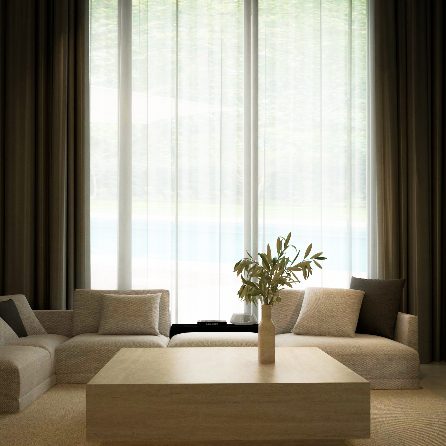 A modern living room with beige sofas, a TRAVERTABLE Square Travertine Coffee Table with Hidden Base, and a vase of green branches. Sheer curtains cover large windows, filling the space with daylight and minimalist sophistication.