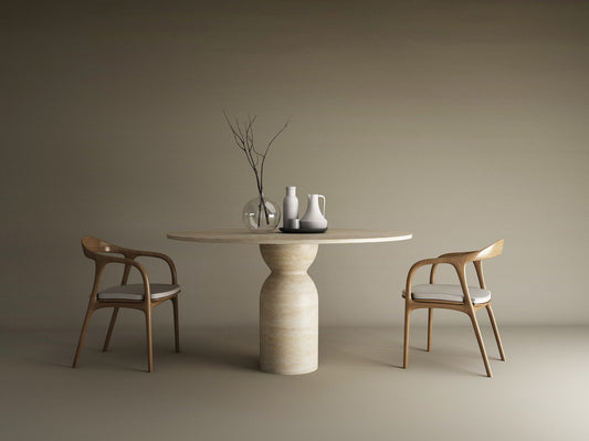 Oval Travertine Dining Table with Sculptural Round Center Base – Organic Travertine Form – Customizable Dining Table