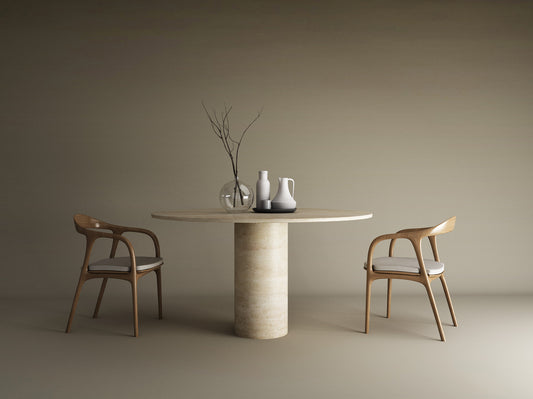 Oval Travertine Dining Table with Cylindrical Center Base – Pure Travertine Stone – Customizable Dining Table