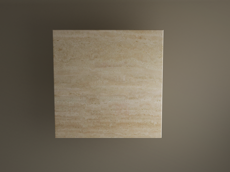 Centered against a plain brown background, the TRAVERTABLE Square Travertine Dining Table features pure travertine stone with hand-finished details and natural veining, highlighting its custom horizontal striations and a cylindrical center base.