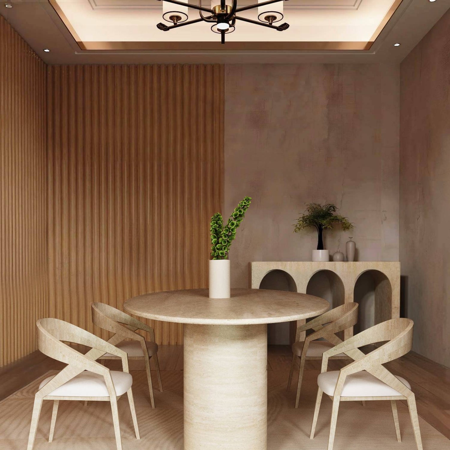 A modern dining room features the TRAVERTABLE Ellips Travertine Dining Table with Sloped Pedestal Base, four curved-back chairs, a white vase with green leaves, a wooden slat wall, and a sideboard topped with decorative plants.