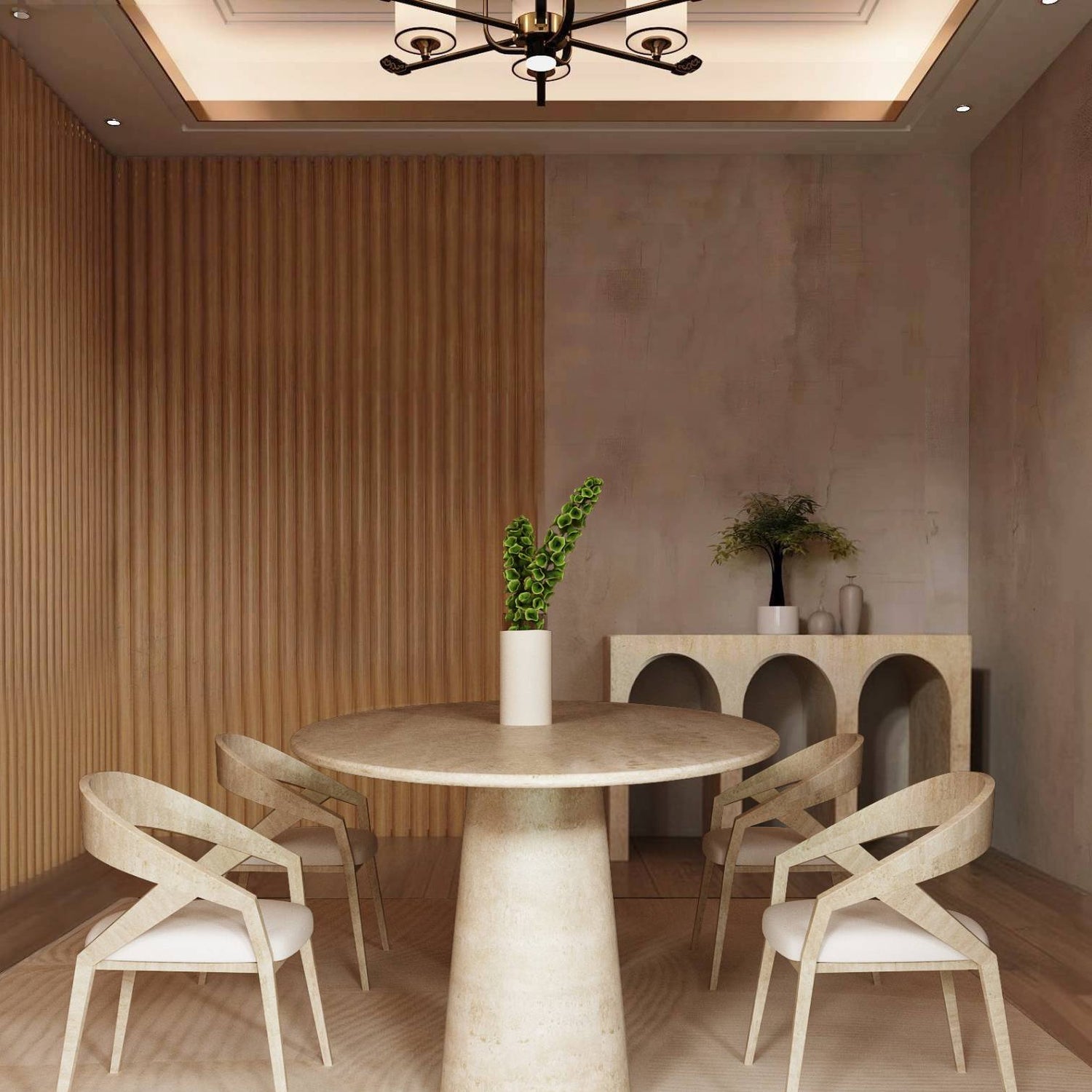 A modern dining room features the TRAVERTABLE Ellips Travertine Dining Table with conical pedestal base, four matching chairs, a tall white vase with green leaves atop the table, a decorated sideboard in back, and wooden slat wall paneling on the left.