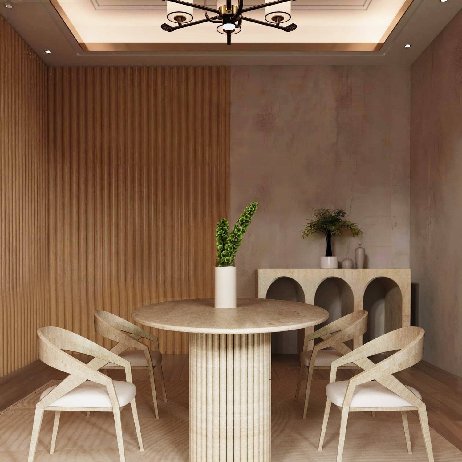 A minimal dining room highlights the TRAVERTABLE Ellips Travertine Dining Table with Vertical Groove Base, four matching chairs, a ribbed wood accent wall, an arched sideboard, a potted plant centerpiece, and a ceiling light fixture.