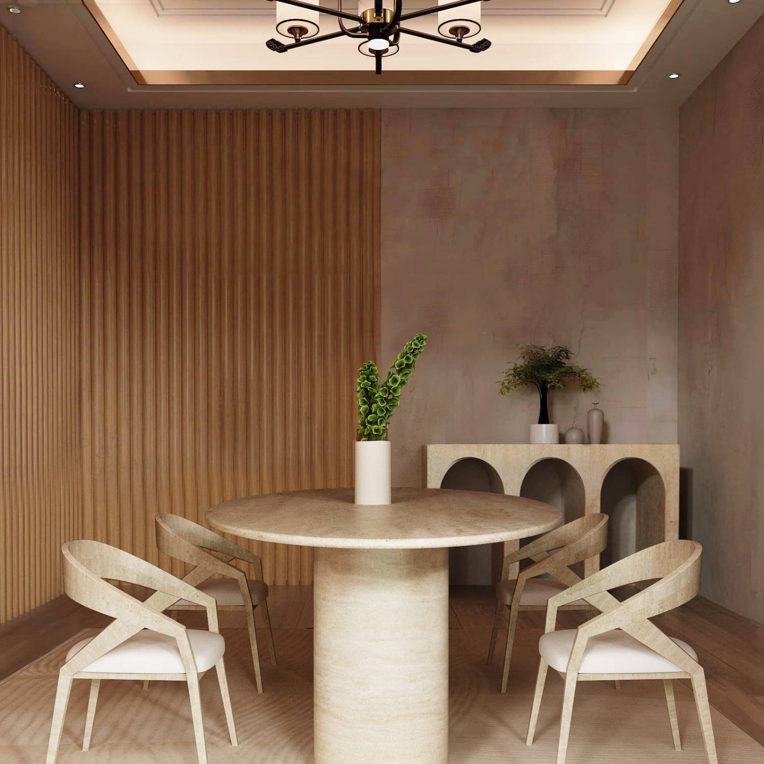 A modern dining room featuring the TRAVERTABLE Ellips Travertine Dining Table with Smooth Cylinder Base, four matching chairs, a vase with green leaves, wood panel walls, a minimalist sideboard, and a neutral palette for timeless style.