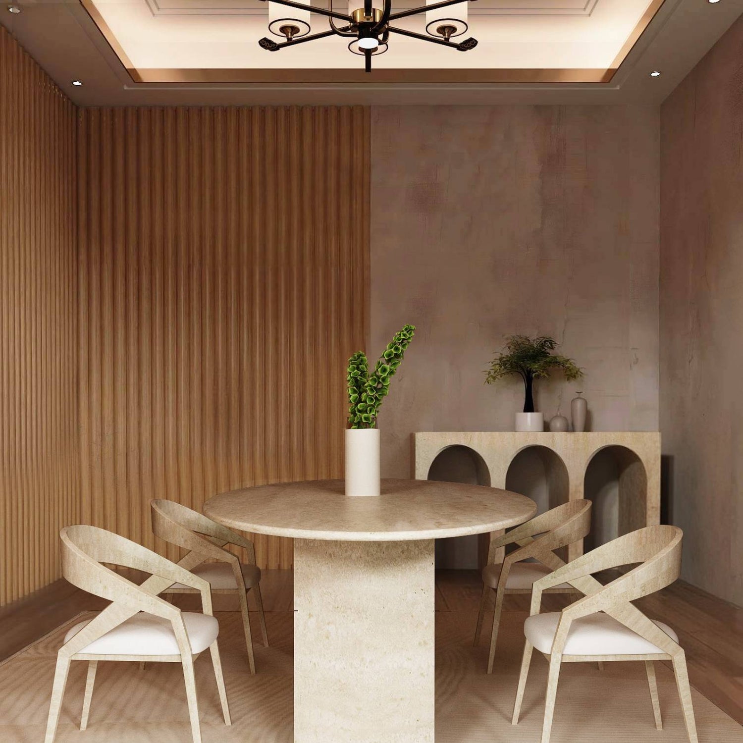 Minimalist dining room with a TRAVERTABLE Ellips Travertine Dining Table featuring a hexagonal stone base, four modern chairs, white vase with greenery, arched sideboard, and light wood wall paneling.