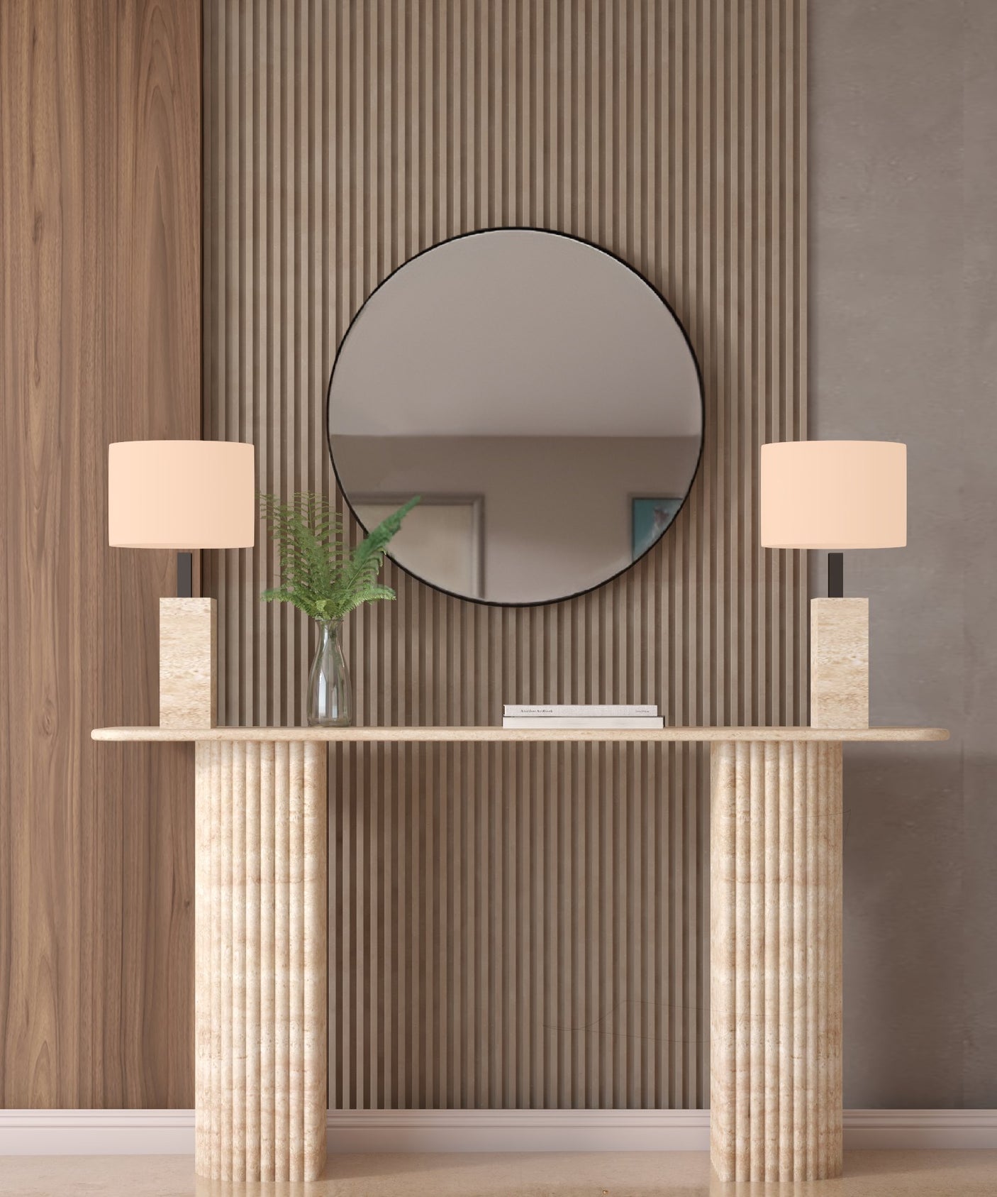 Rectangular Travertine Console Table with Fluted Round Base – Solid Travertine Stone Base
