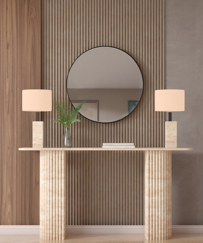 Rectangular Travertine Console Table with Fluted Round Base – Solid Travertine Stone Base – Customizable Console Table