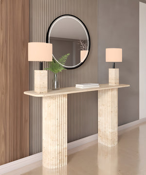 Rectangular Travertine Console Table with Fluted Round Base – Solid Travertine Stone Base