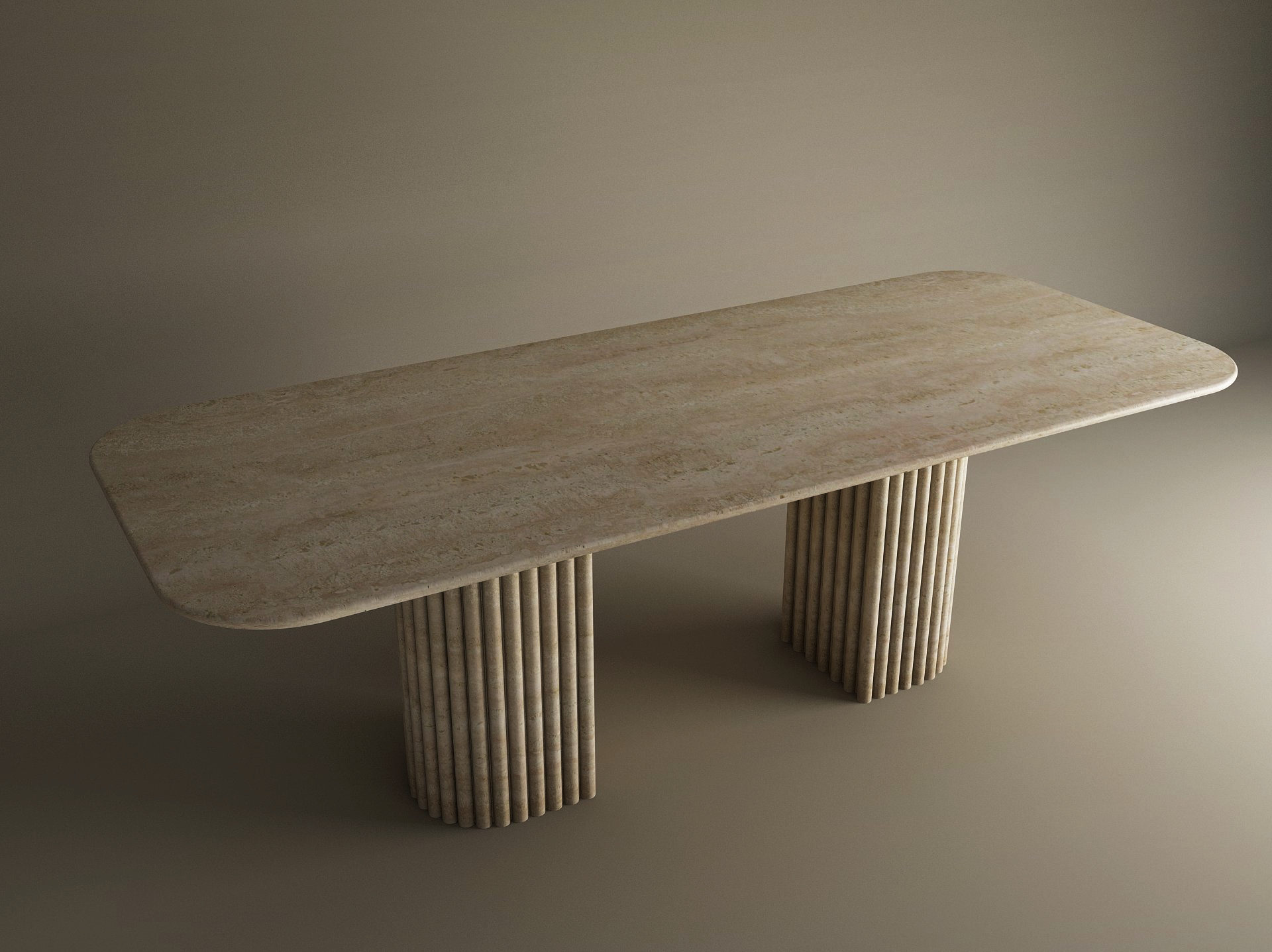 The TRAVERTABLE Rectangular Travertine Dining Table features a natural stone top, fluted round solid travertine bases, and rounded edges—an heirloom-quality, customizable piece for refined spaces. Set against a neutral, softly lit background.