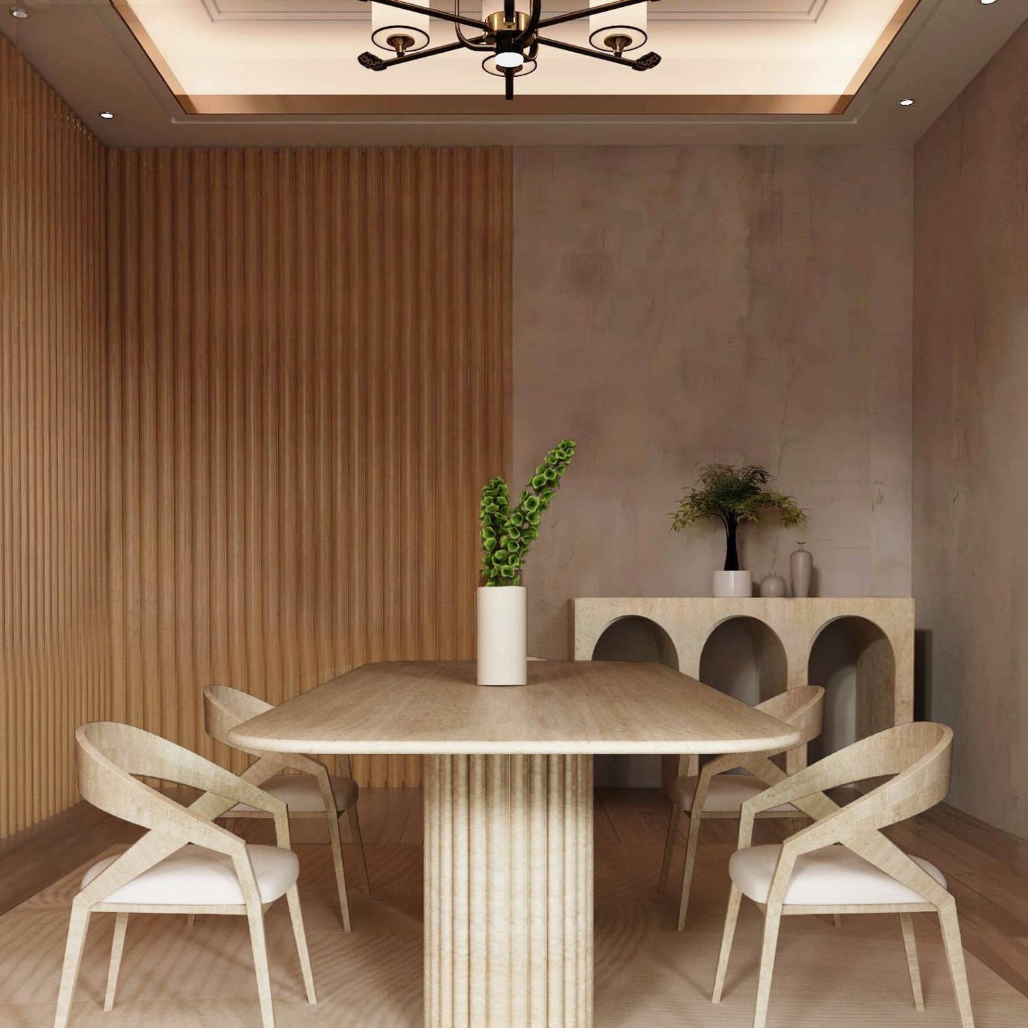 Modern dining room featuring the TRAVERTABLE Rectangular Travertine Dining Table with Fluted Round Base, four matching chairs, green-leaf centerpiece, vertical wood paneling, and a sideboard with decorative vases and plants.