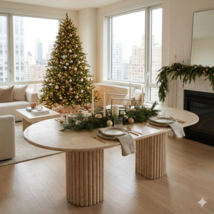 Oval Travertine Dining Table with Fluted Round Base