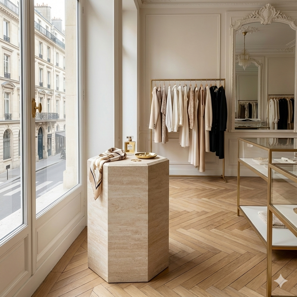 HexaForm and Pentagon Travertine Pedestal