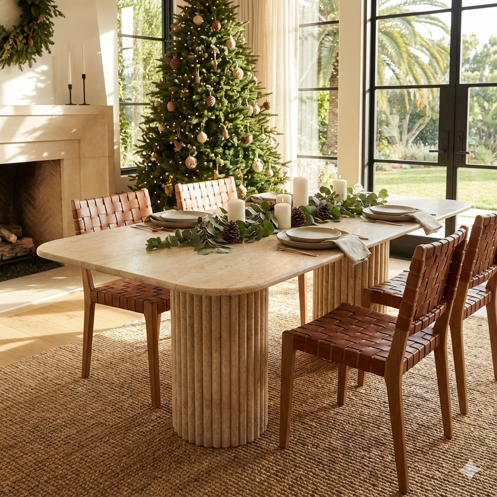 Rectangular Travertine Dining Table with Vertical Groove Base