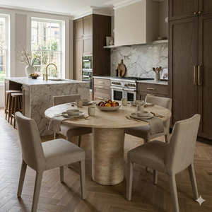 Round Travertine Dining Table with Cylindrical Center Base