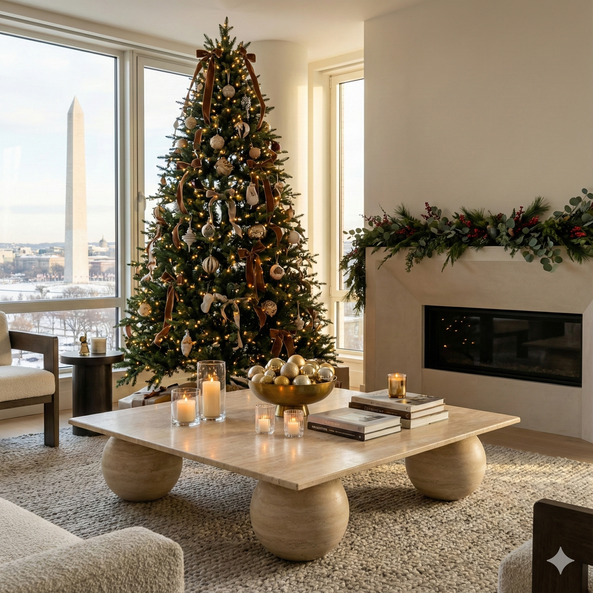 Square Travertine Coffee Table with Stone Ball Base