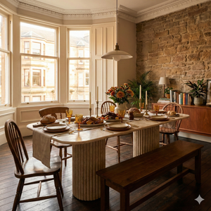 Rectangular Travertine Dining Table with Vertical Groove Base