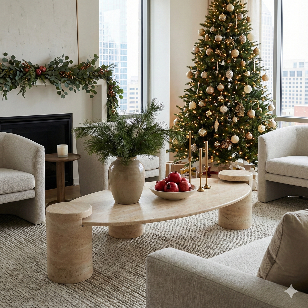 Ellipse Travertine Coffee Table with Cylindrical Base