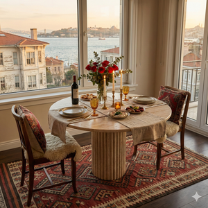 Round Travertine Dining Table with Fluted Round Center Base