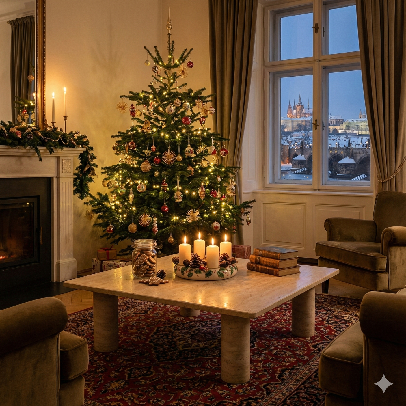 Square Travertine Coffee Table with Solid Cylindrical Base