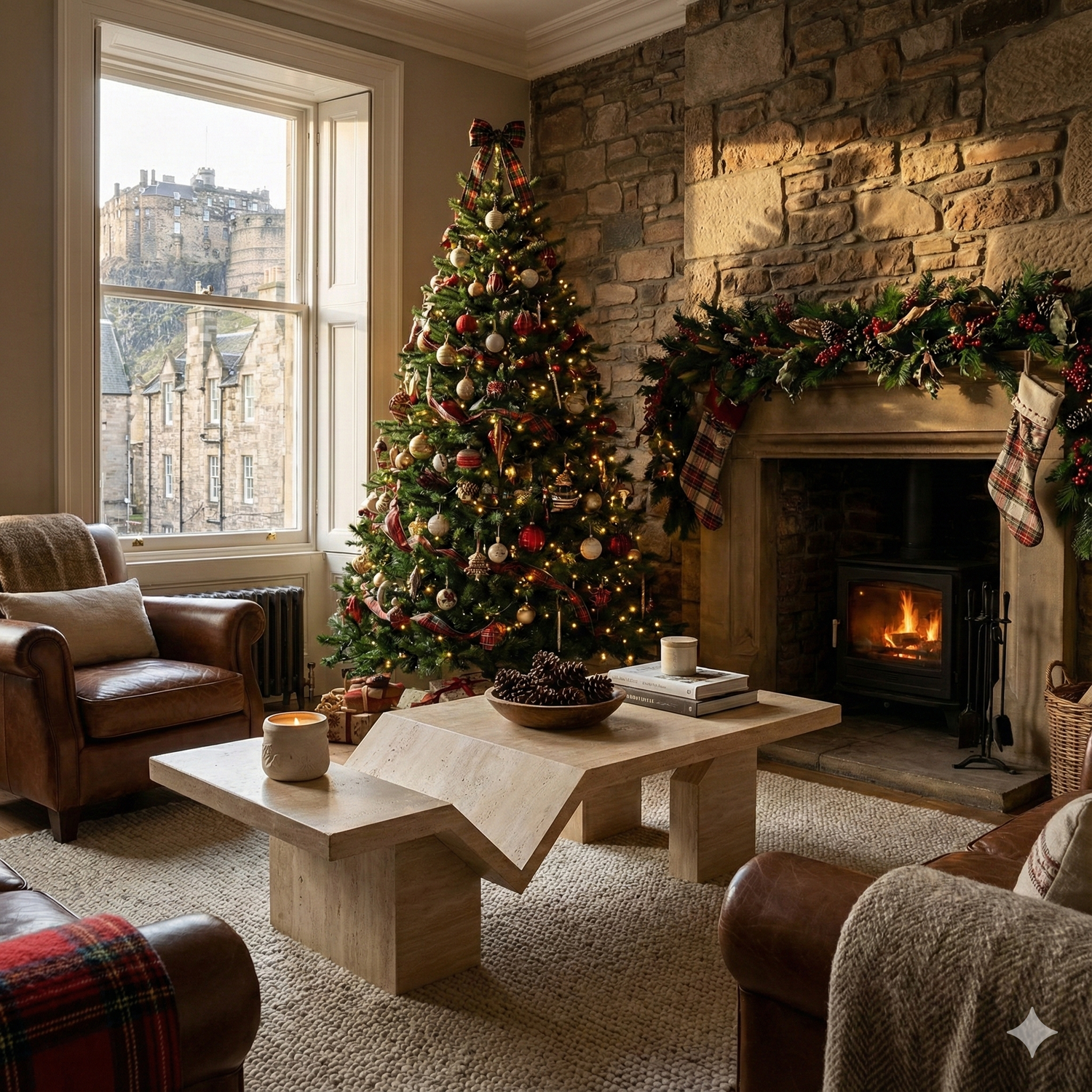 Architectural Travertine Coffee Table with Sculptural Base