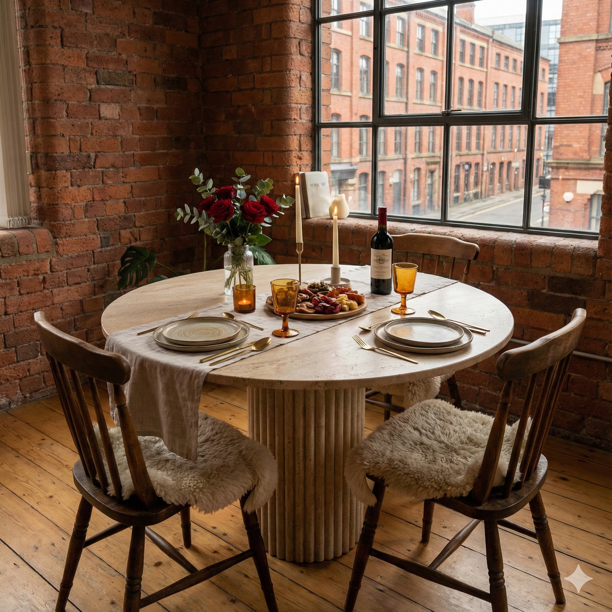 Round Travertine Dining Table with Fluted Round Center Base
