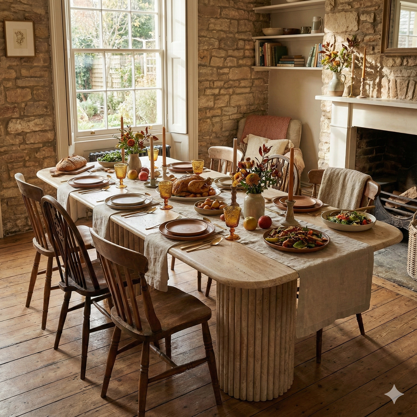 Rectangular Travertine Dining Table with Vertical Groove Base