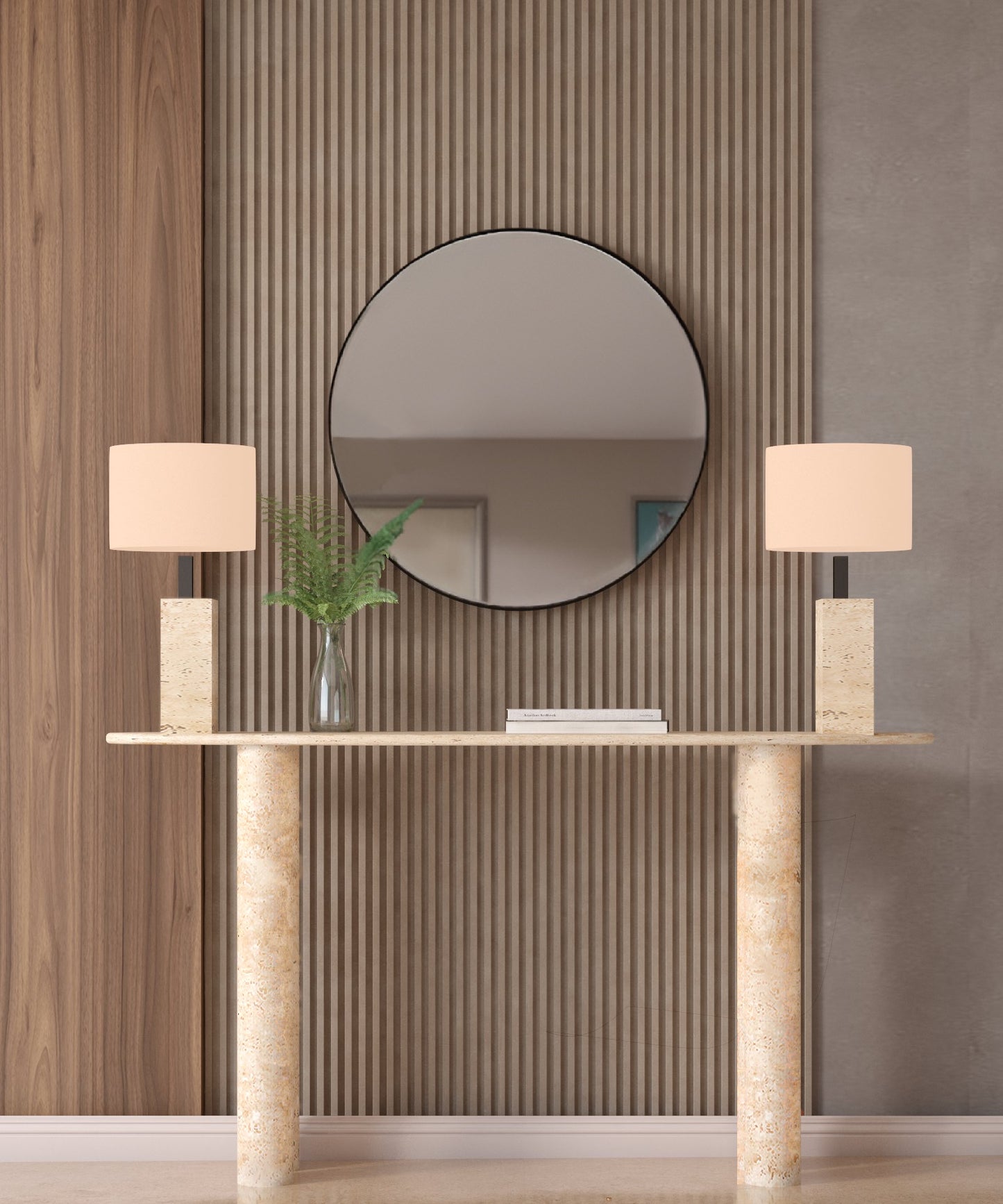 Ellips Travertine Console Table with Cylindrical Base – Pure Travertine Stone Base – Customizable Console Table