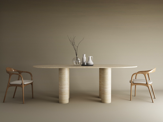 Oval Travertine Dining Table with Cylindrical Base – Pure Travertine Stone Base – Customizable Dining Table