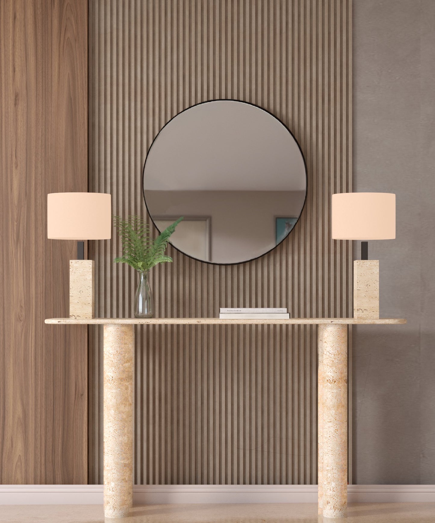 Rectangular Travertine Console Table with Cylindrical Base – Pure Travertine Stone Base – Customizable Console Table