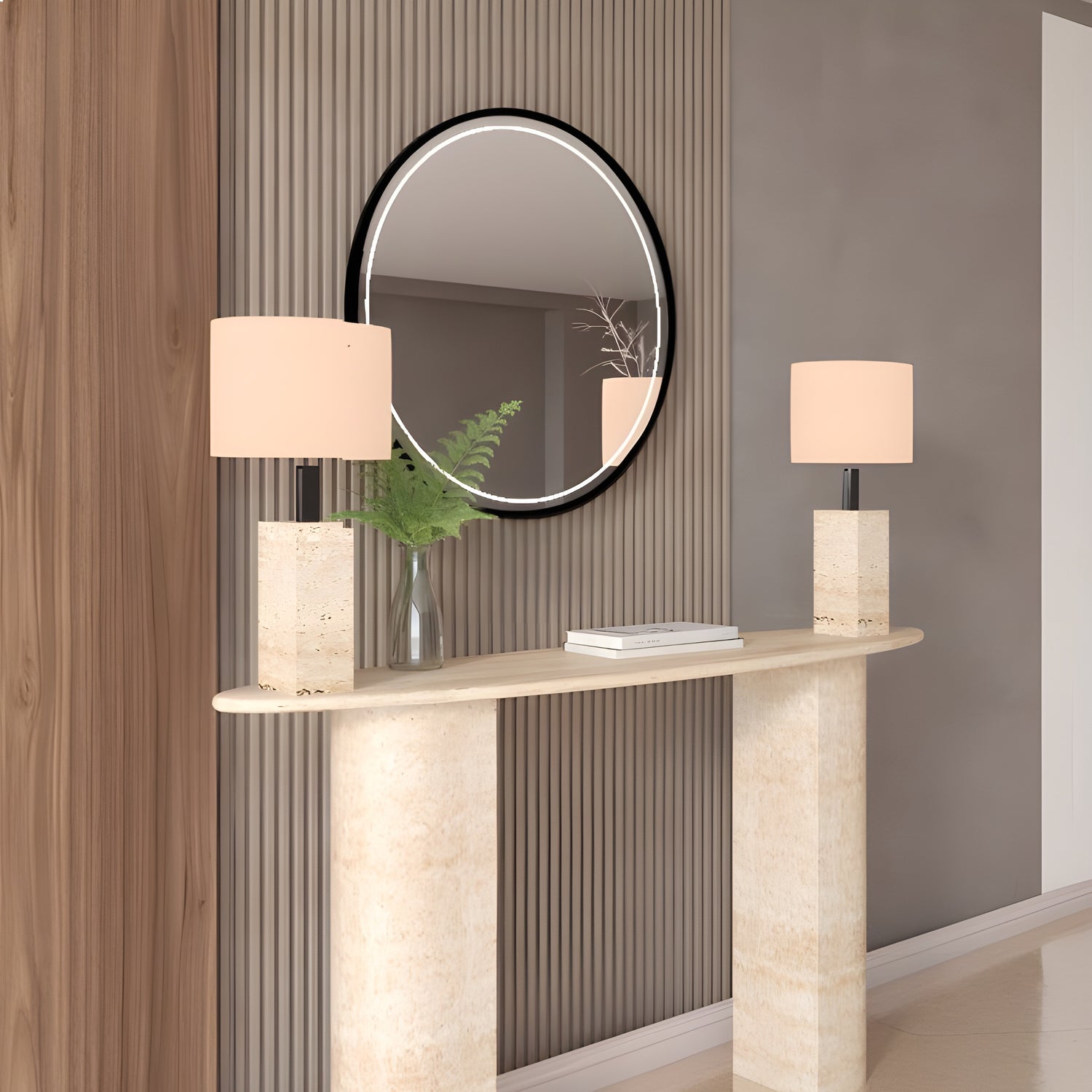 Ellips Travertine Console Table with Sloped Pedestal Base – Natural Stone Base