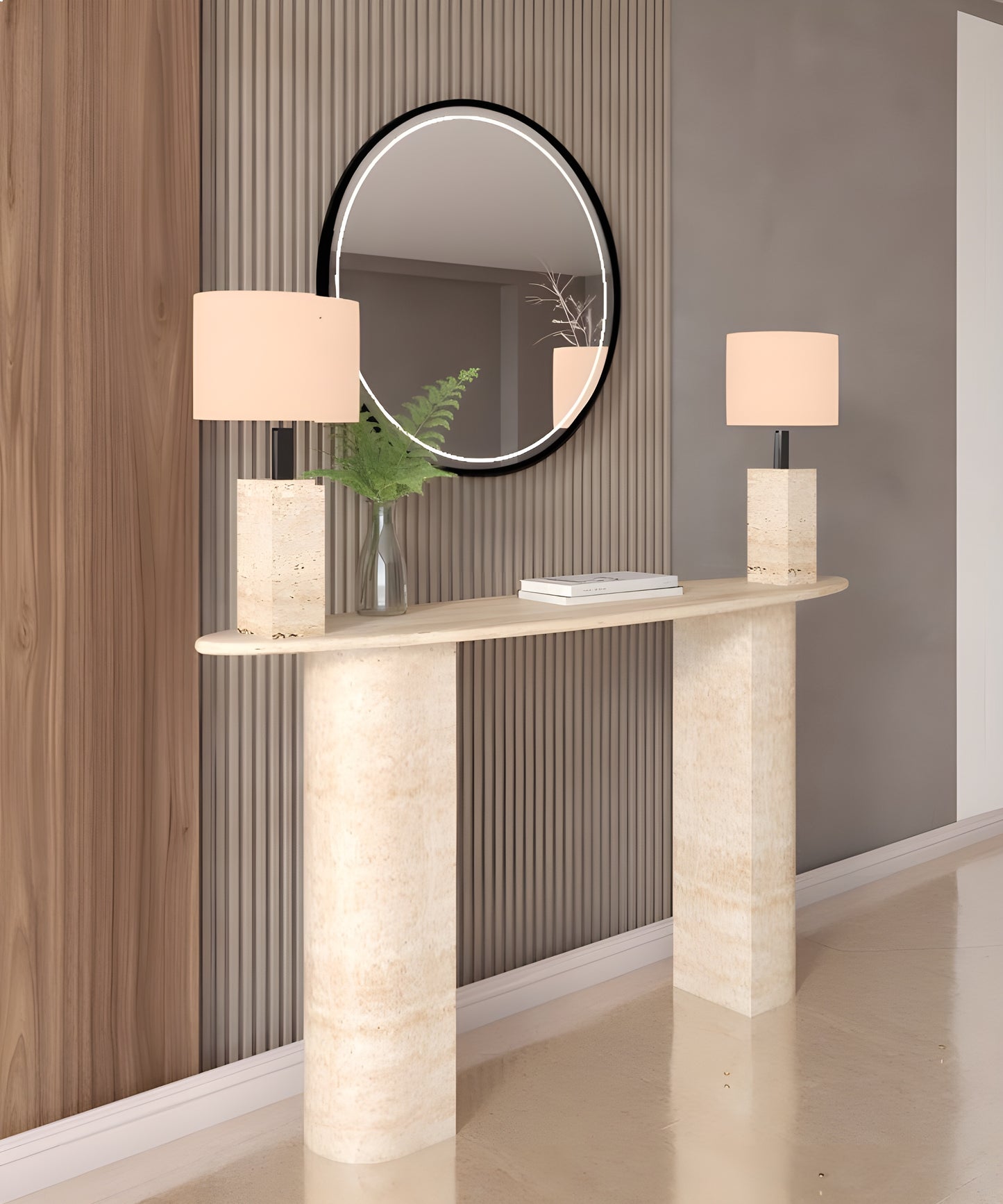 Ellips Travertine Console Table with Sloped Pedestal Base – Natural Stone Base – Customizable Console Table