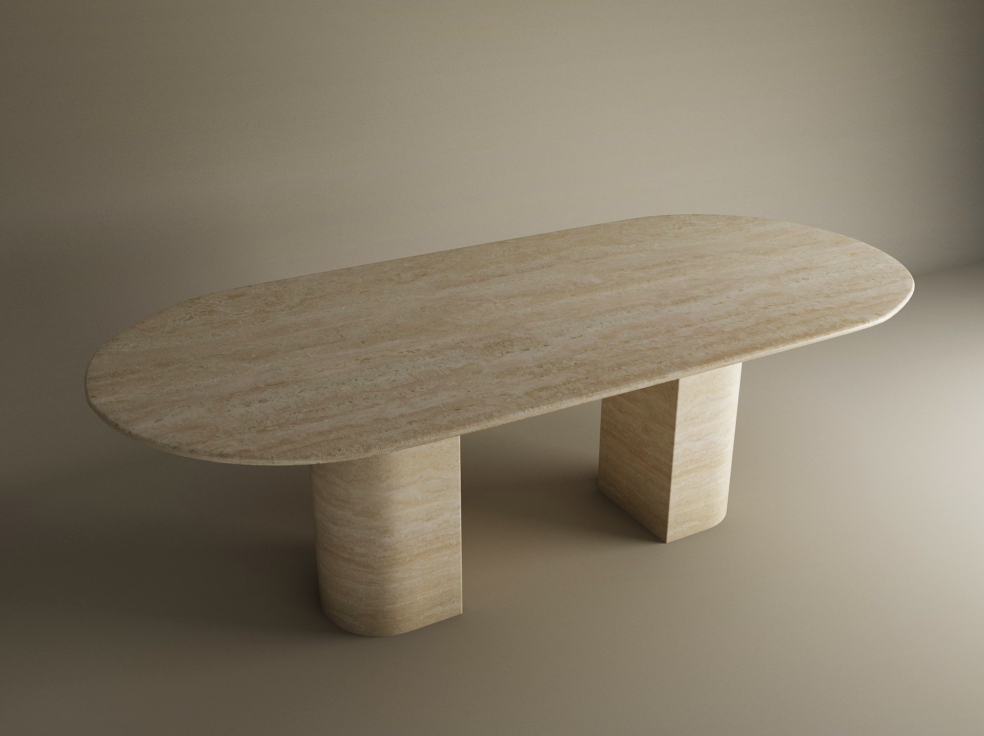 The TRAVERTABLE Oval Travertine Dining Table features a natural stone tabletop and twin sloped pedestal bases, standing on a light brown surface with a neutral background. Customizable to suit your space.